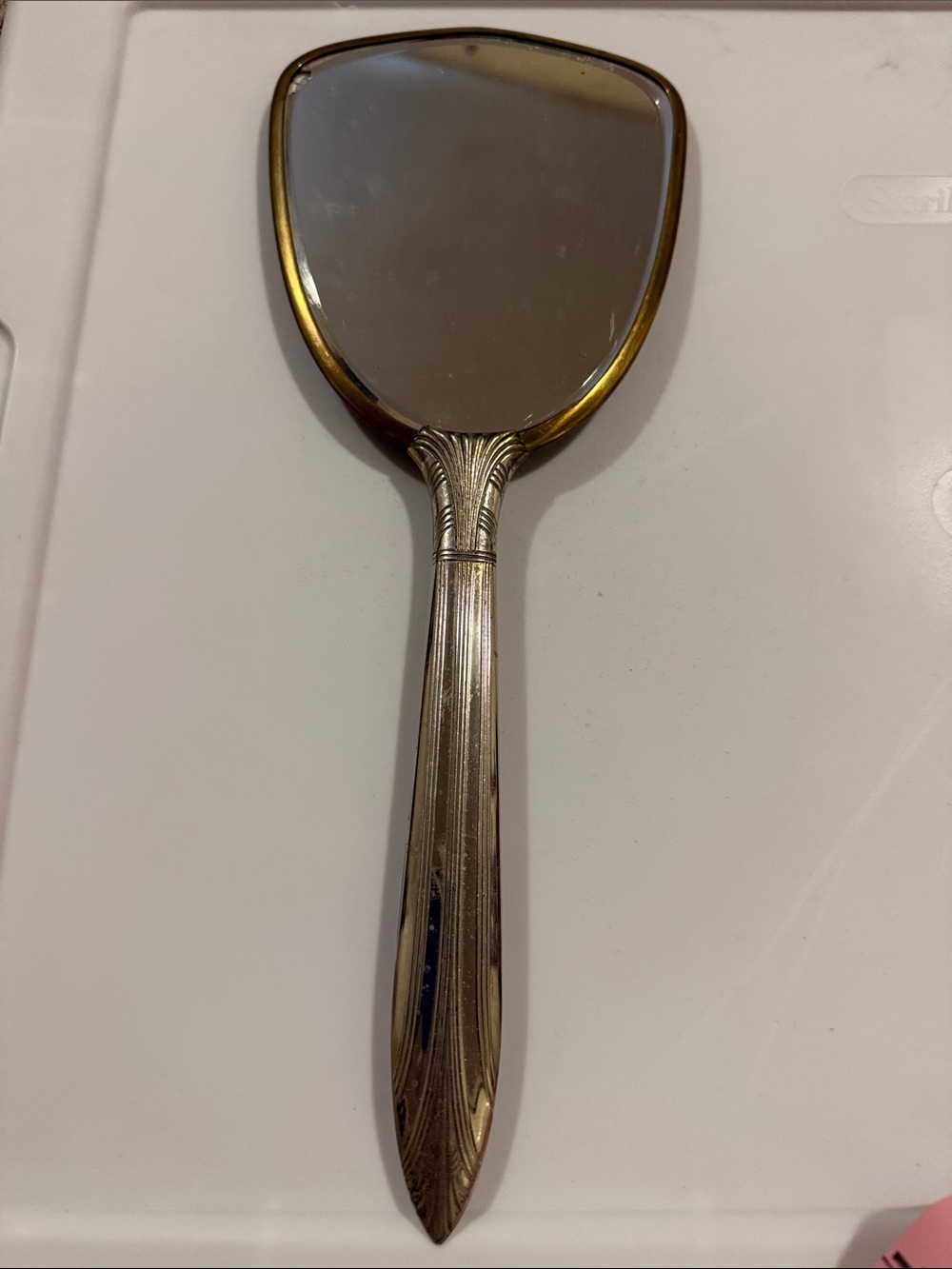 Green Enamel Hand Mirror with Gold Emblem